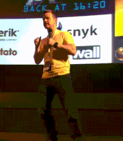 Remy, in 2015, dances around on stage at FFConf, very, very badly